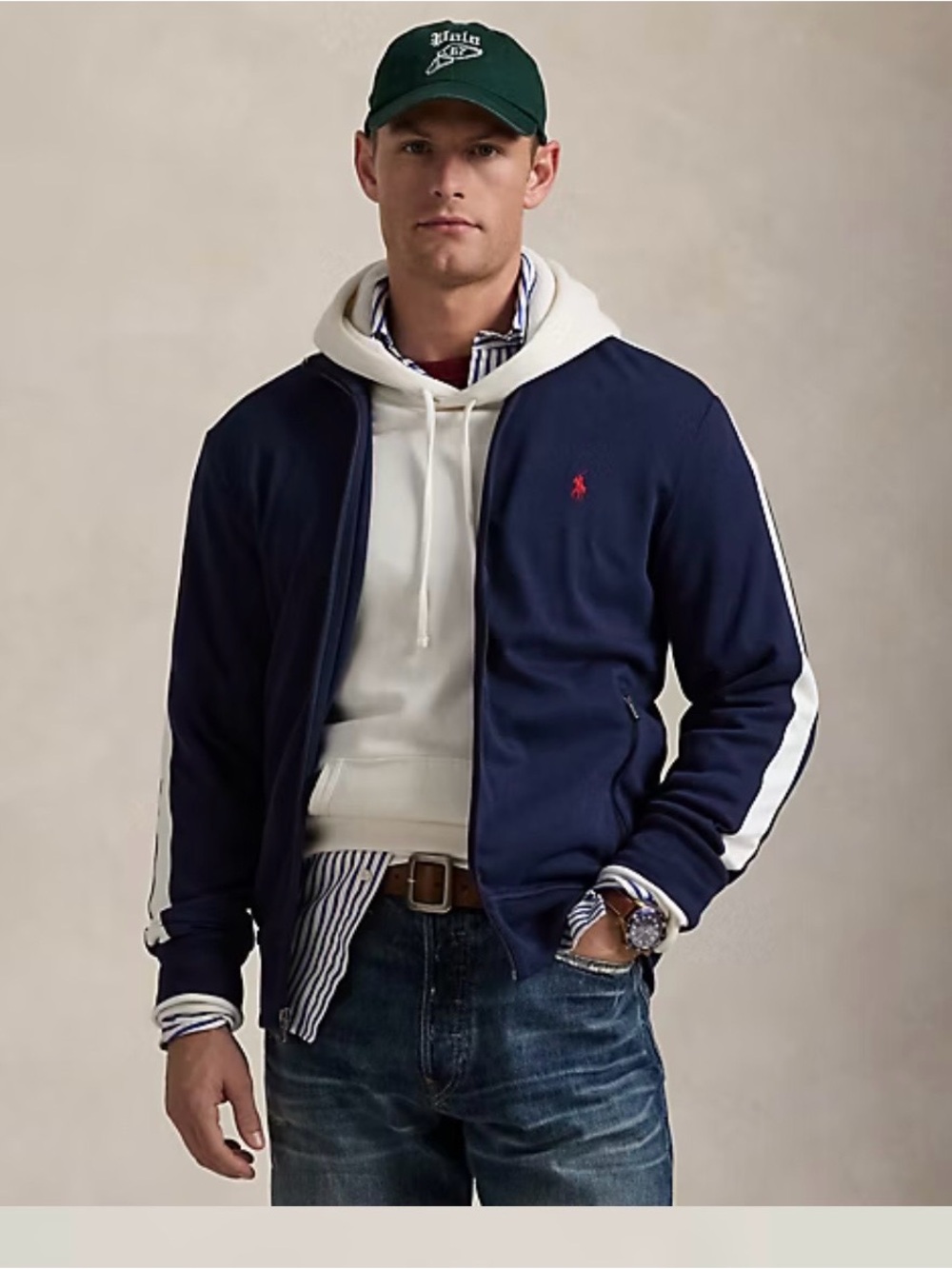 Polo Ralph Lauren Men’s Cotton Interlock Track Jacket Navy Blue Stripe XL